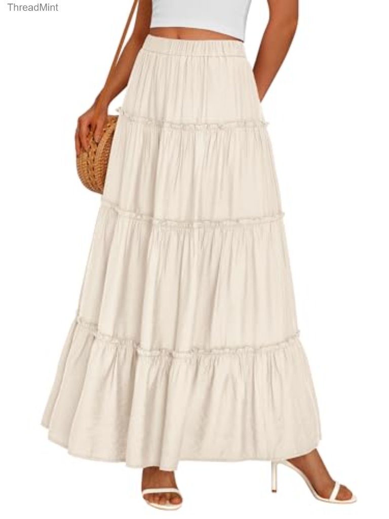Boho Flowy Tiered Maxi Skirt With Pockets Elastic Waist